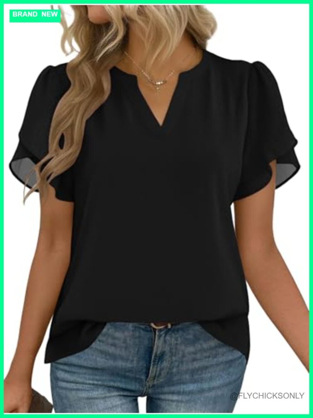 Short Sleeve V Neck Blouse Work Top Flowy Petal Sleeve Chiffon